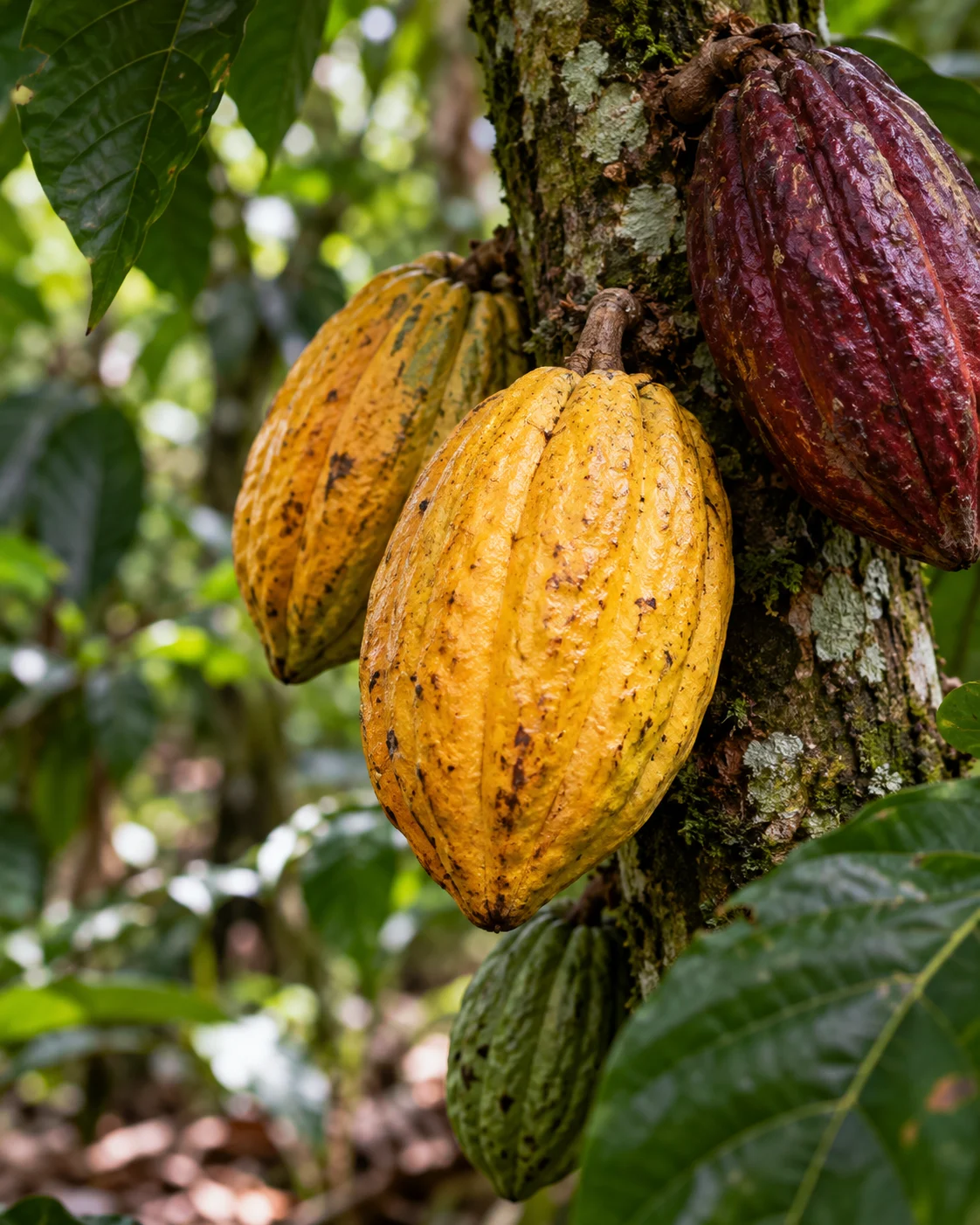 Frutos de cacau em tons dourados e avermelhados entre folhas verdes